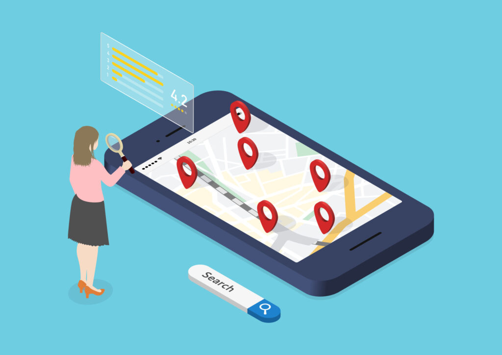 スマートフォンの地図アプリ上に多数のピンが表示され、ユーザーが口コミ評価を確認している様子を表したイラスト。