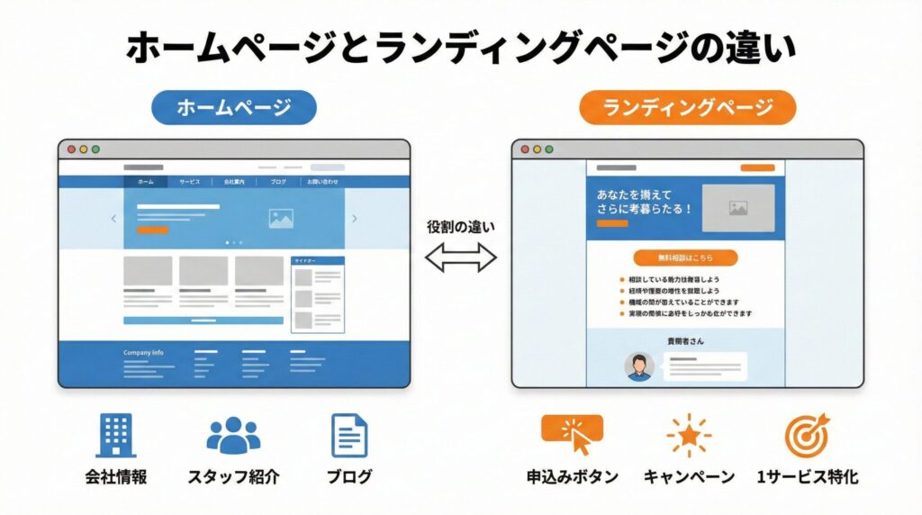 ホームページとランディングページの違いを比較したWeb集客向けUIイメージ